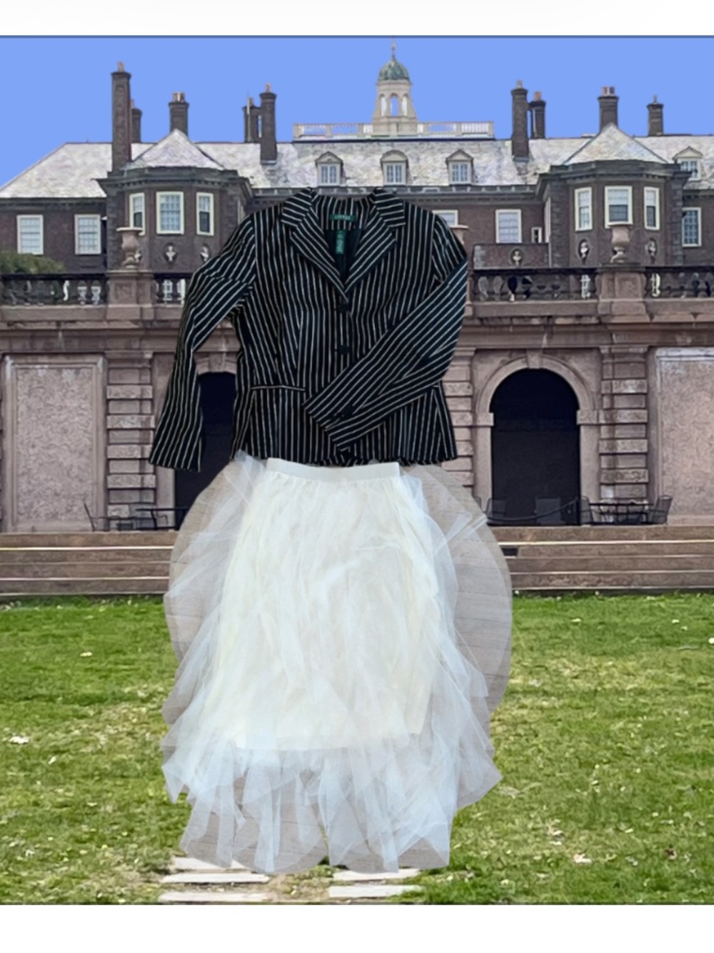 Lauren Ralph Lauren Black and White Pinstripe Blazer with Ivory Tulle Skirt - Picture 3 of 3